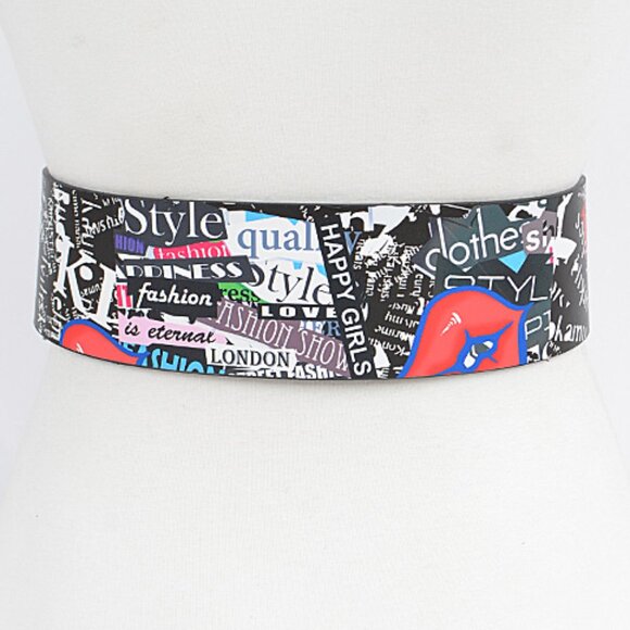 BNWT Mix Color Magazine Printed Fashion Wide Belt - Picture 3 of 4